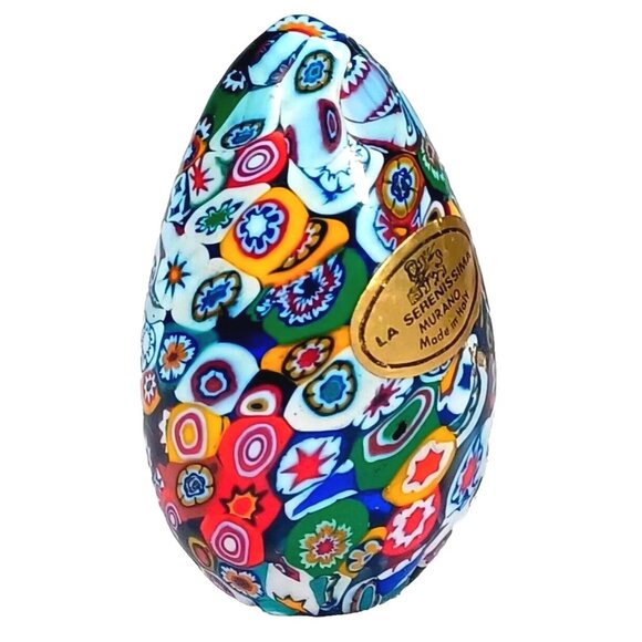 Vintage Murano Art Glass Millefiori Egg Matte Satin Paperweight 2.75" H Sticker